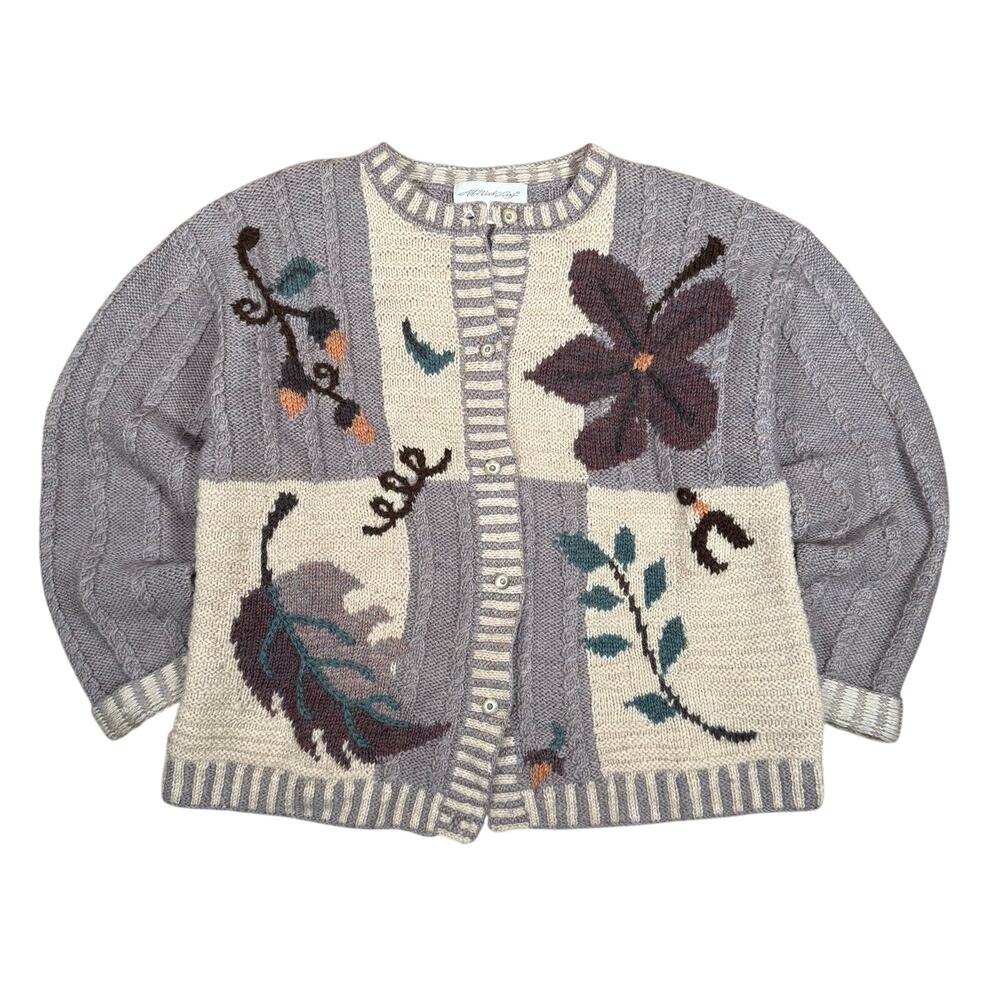 Vintage Wool Fall Leaves Embroidered Knit Patchwork Button-Up Sweater